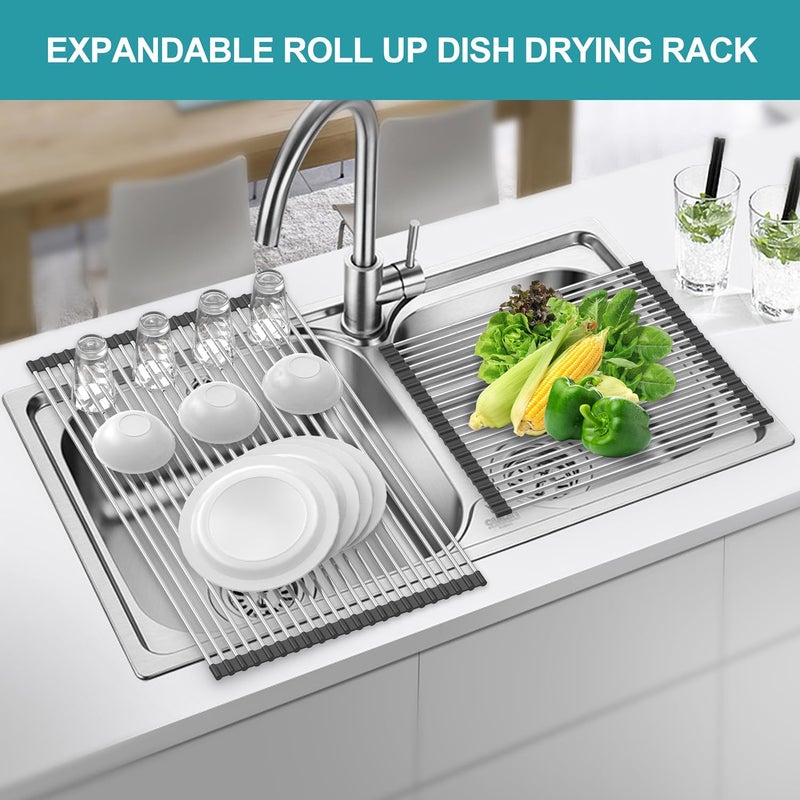 BBXTYLY Extra Large Expandable Roll Up Dish Drying Rack,Over The Sink Drying Rack Sink Cover Kitchen Sink Accessories Kitchen Rolling up Stainless Steel Drainer, Foldable,Rollable（Black，22.8''-17''） - Image 3